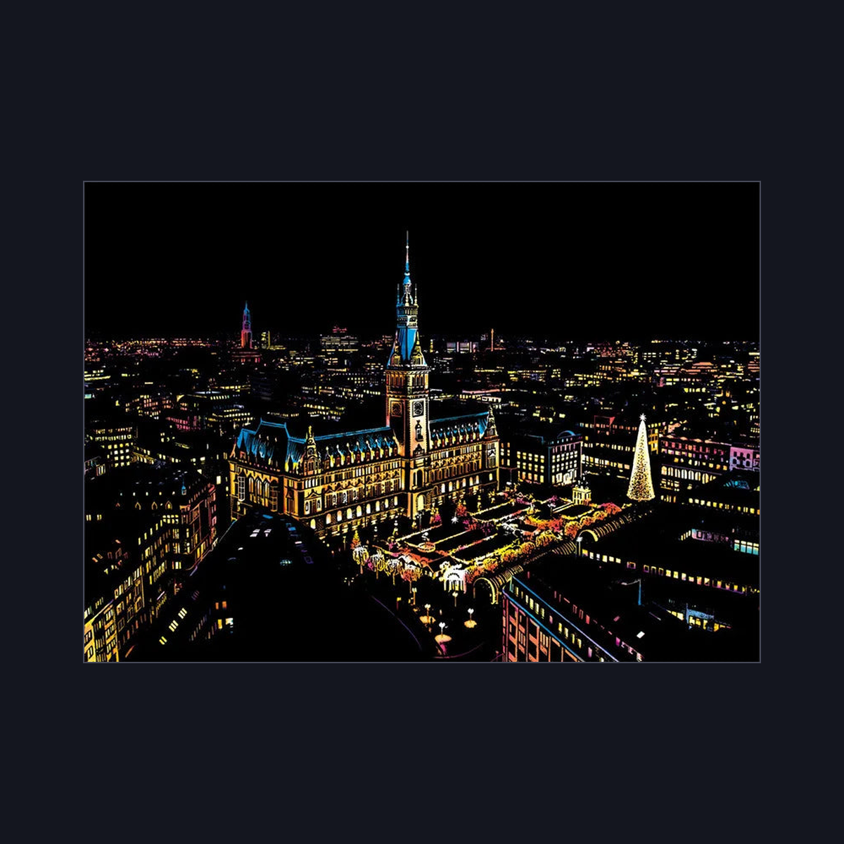 Nattvy Hamburg – rådhuset och julmarknaden, framskrapad