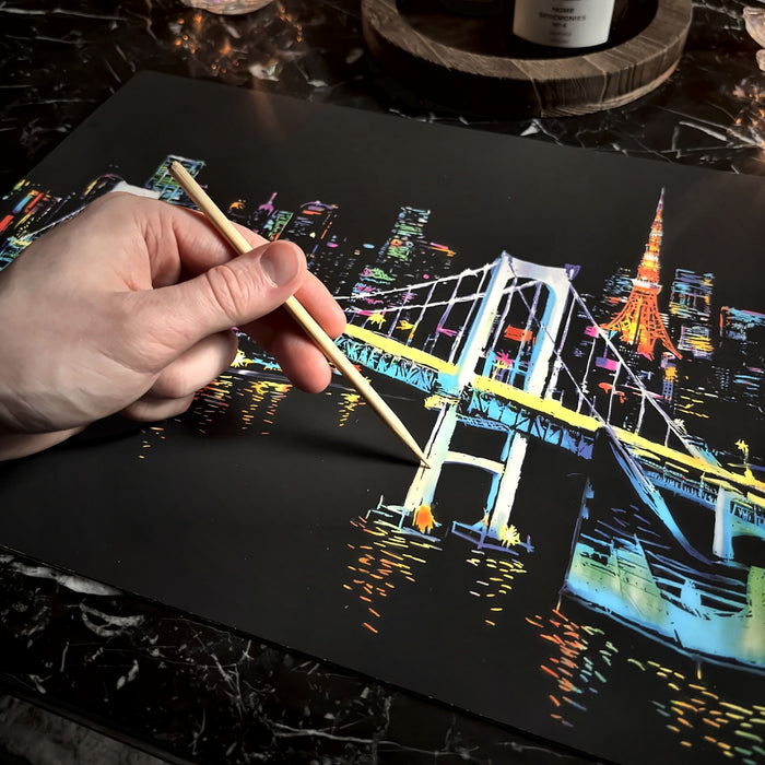 Nattvy Tokyo – skrapar fram Rainbow Bridge och Tokyo Tower med träverktyget