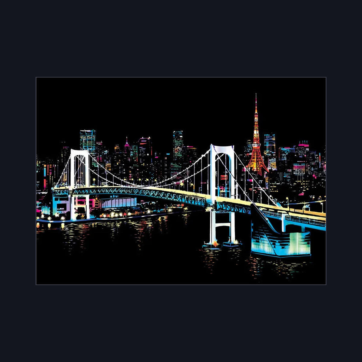 Nattvy Tokyo – Rainbow Bridge och Tokyo Tower, framskrapad
